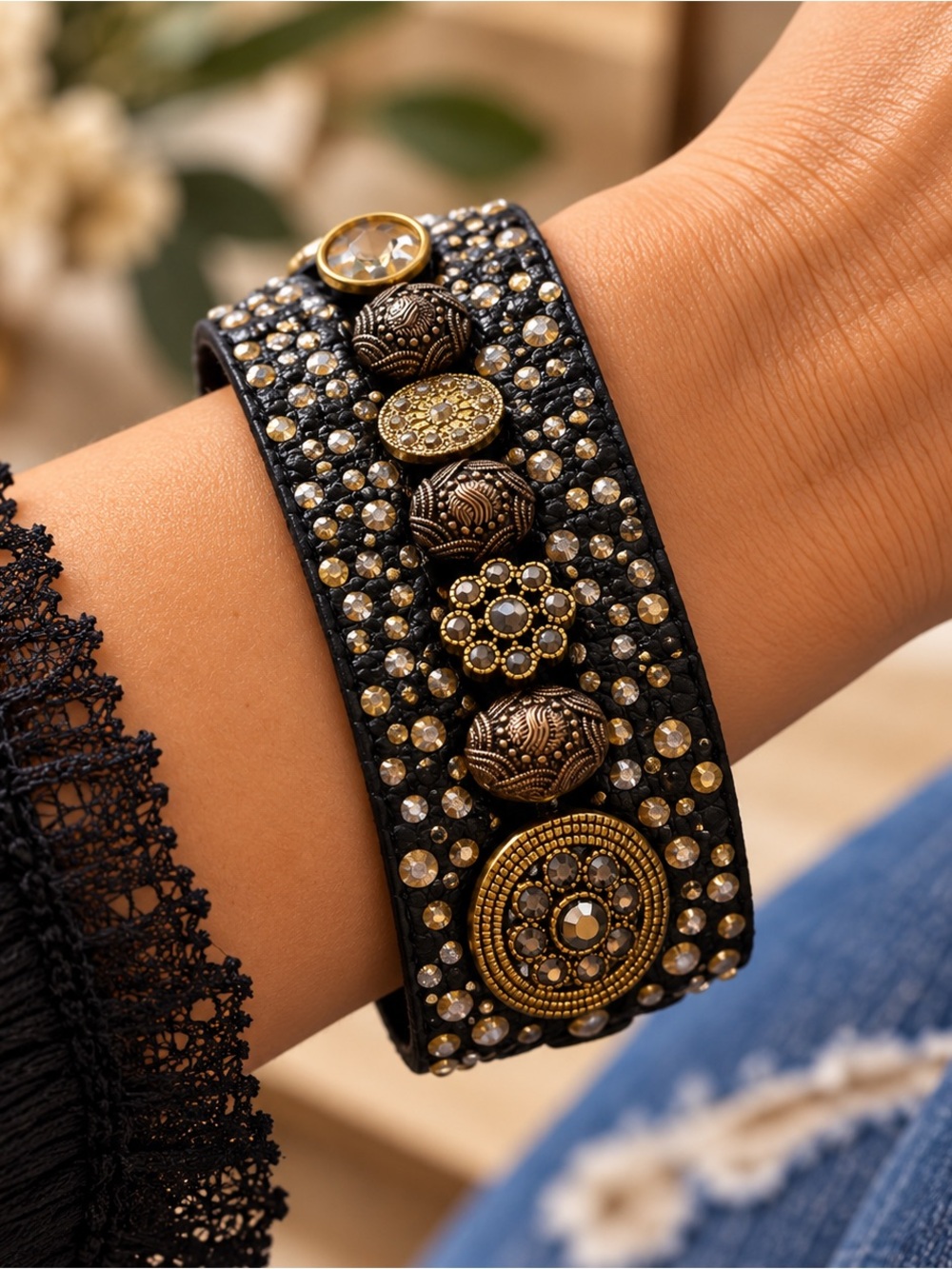 Handmade Black Gold Cuff Bracelet | Mixed Metal Boho Statement Jewelry